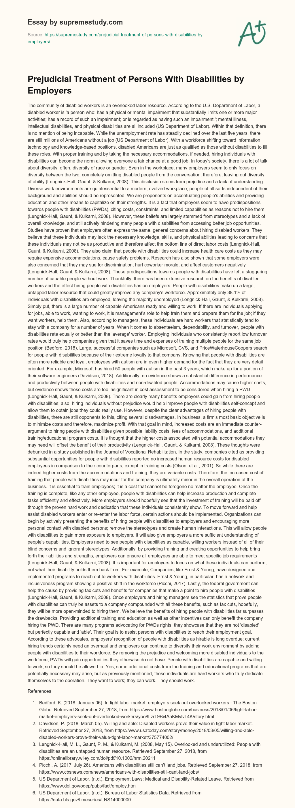 Prejudicial Treatment of Persons With Disabilities by Employers essay