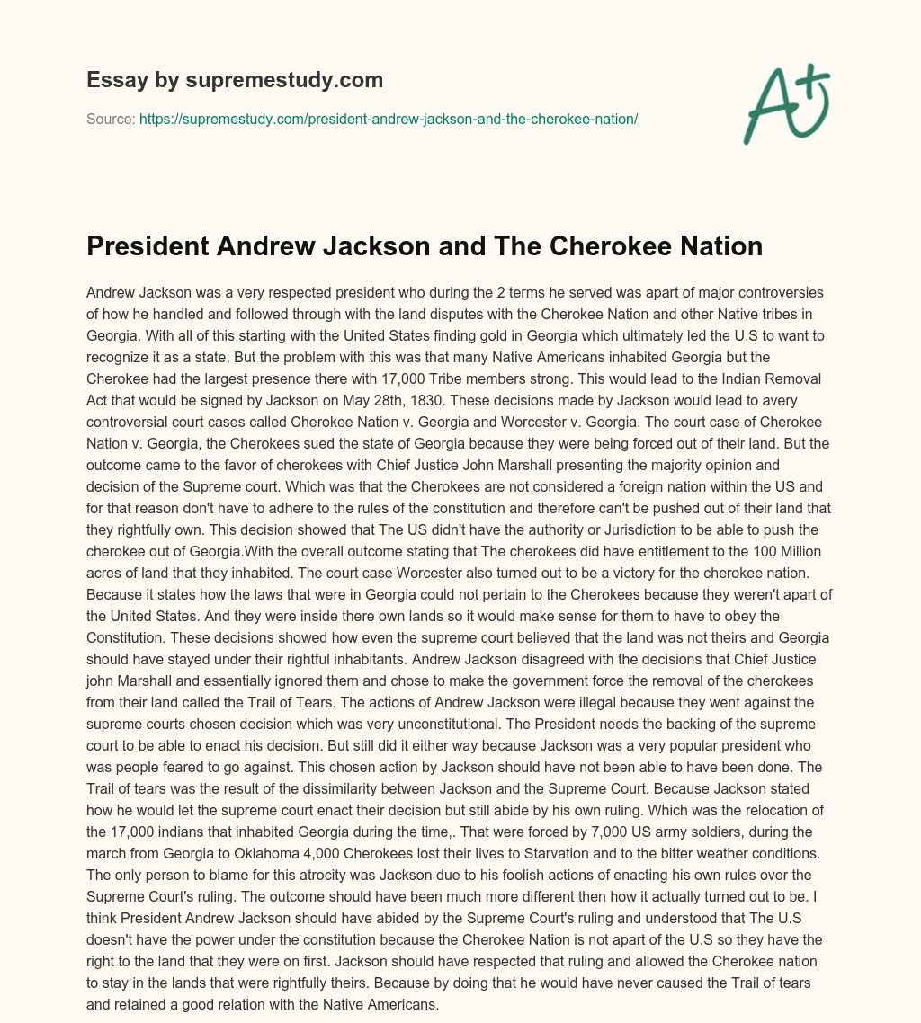 President Andrew Jackson and The Cherokee Nation  essay
