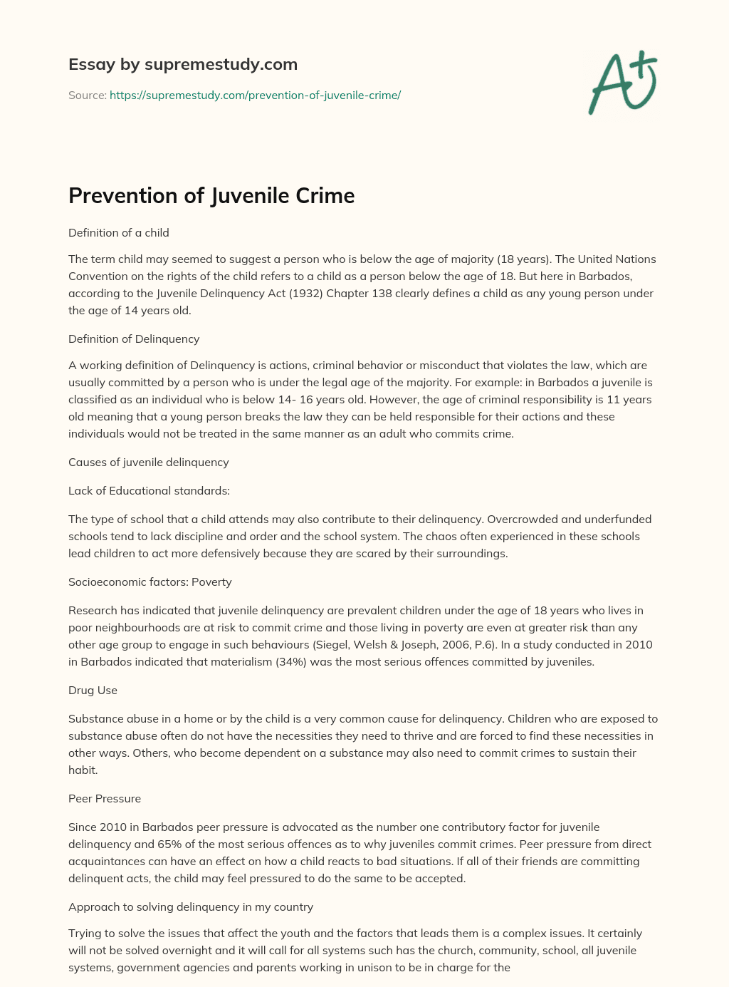 Prevention of Juvenile Crime essay