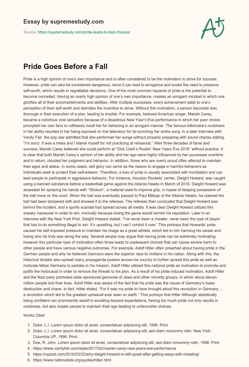 Pride Goes Before a Fall essay