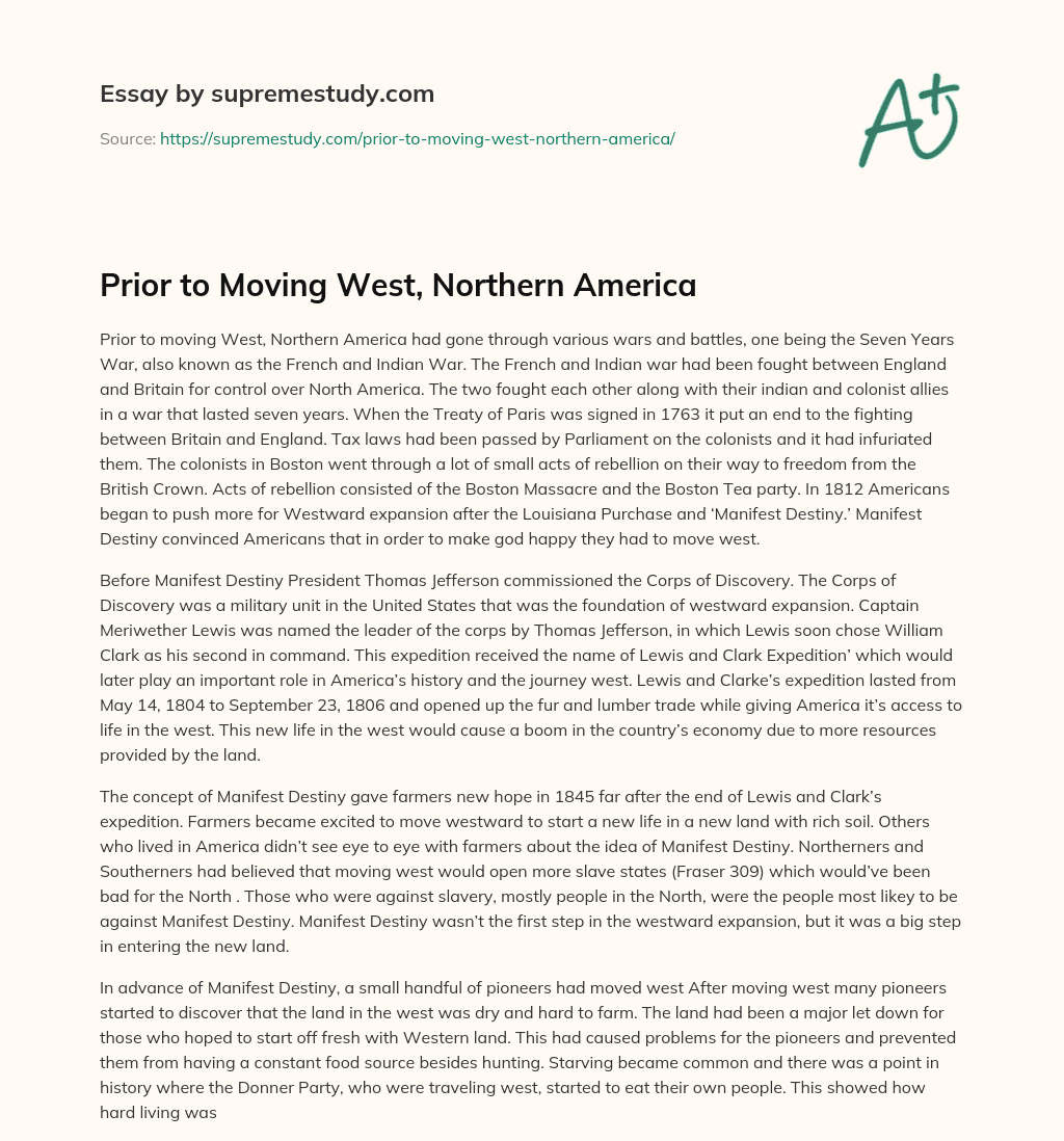 Prior to Moving West, Northern America essay