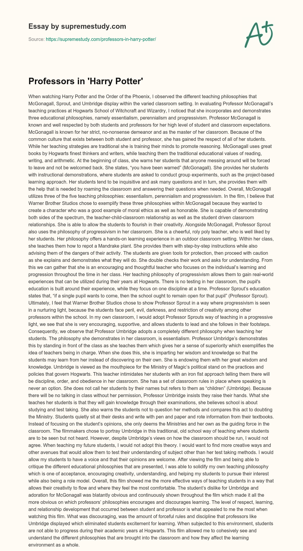 Professors in ‘Harry Potter’ essay