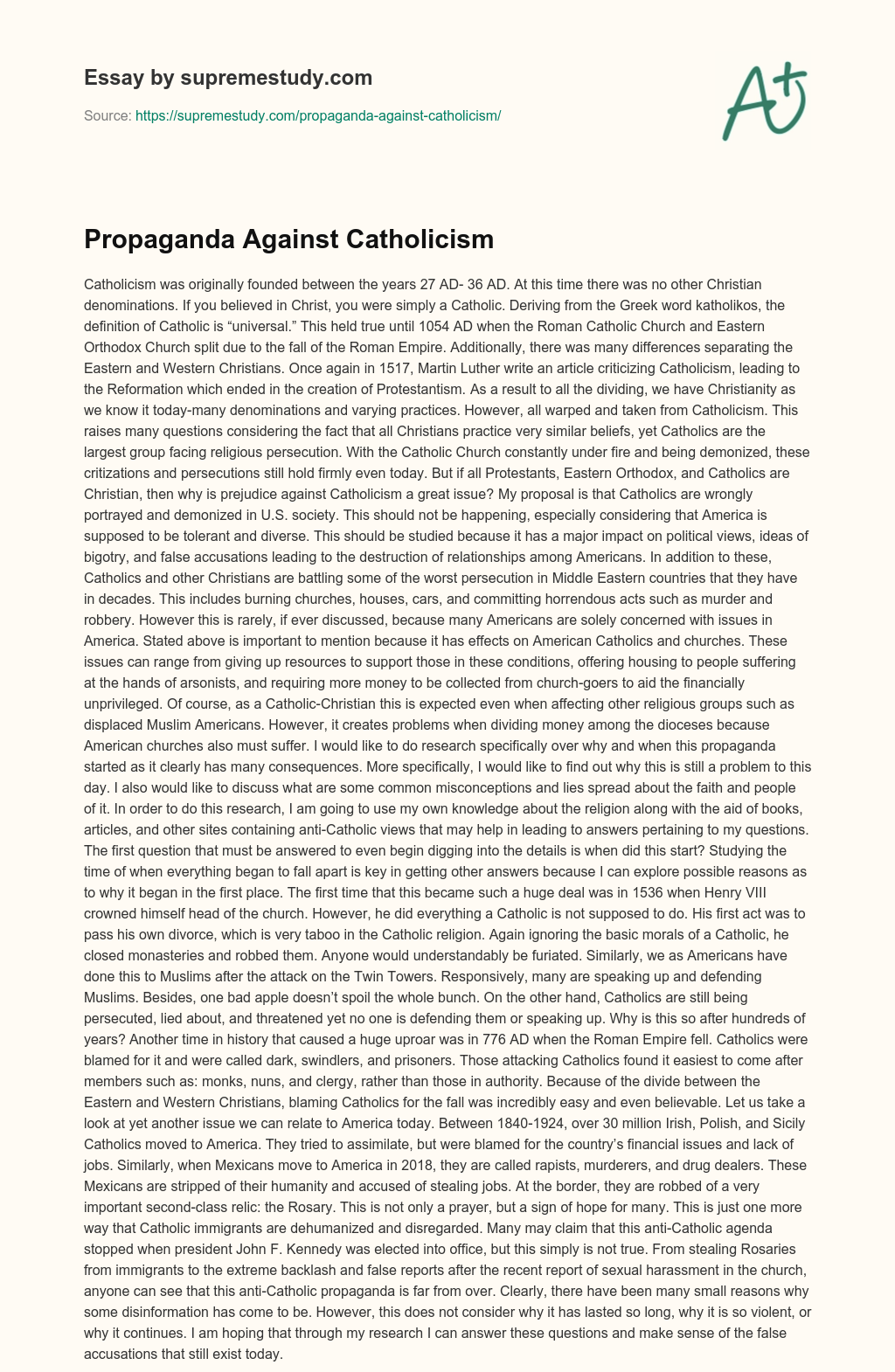 Propaganda Against Catholicism essay