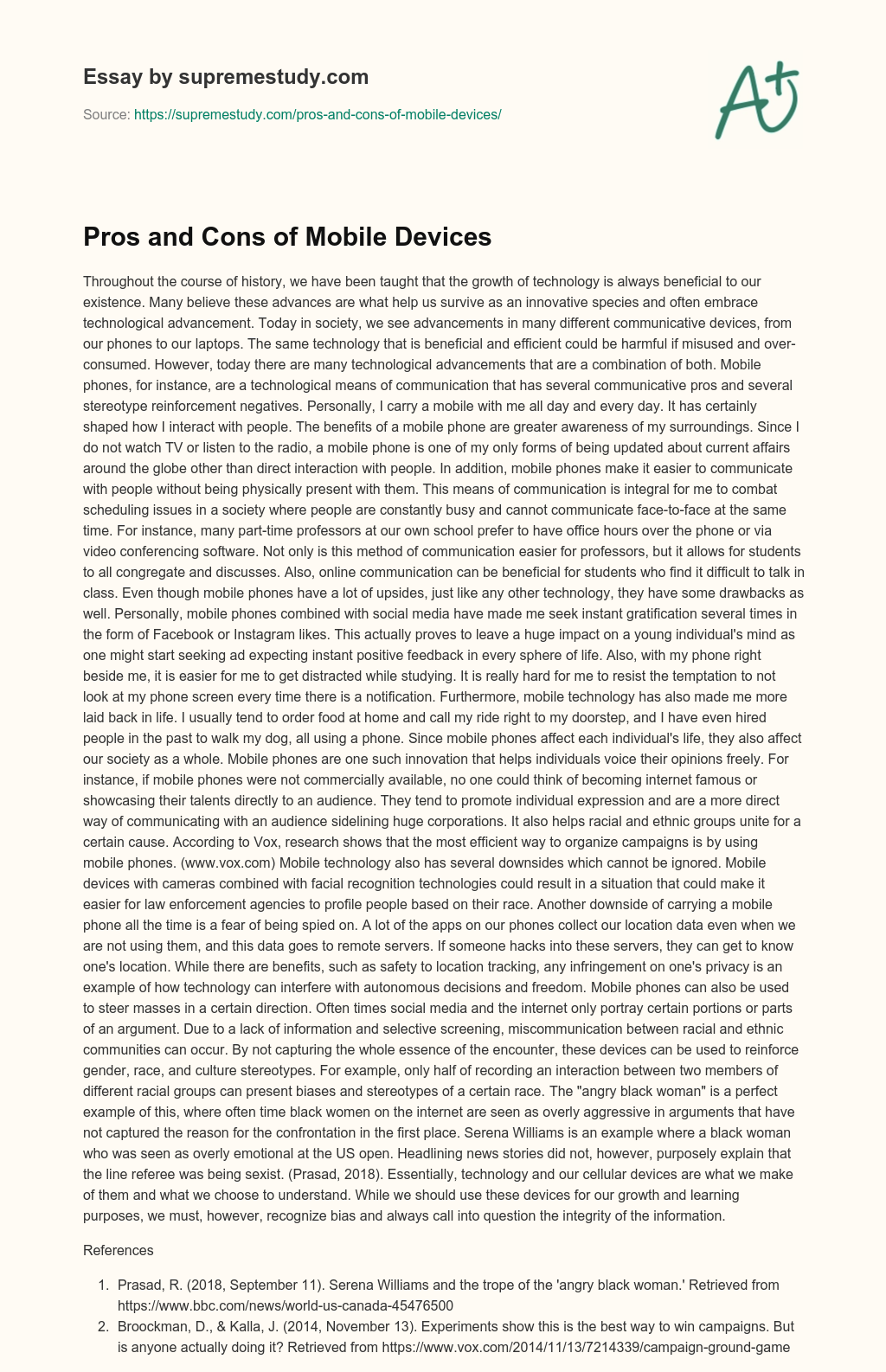 Pros and Cons of Mobile Devices essay