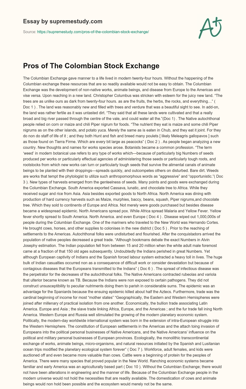 Pros of The Colombian Stock Exchange essay