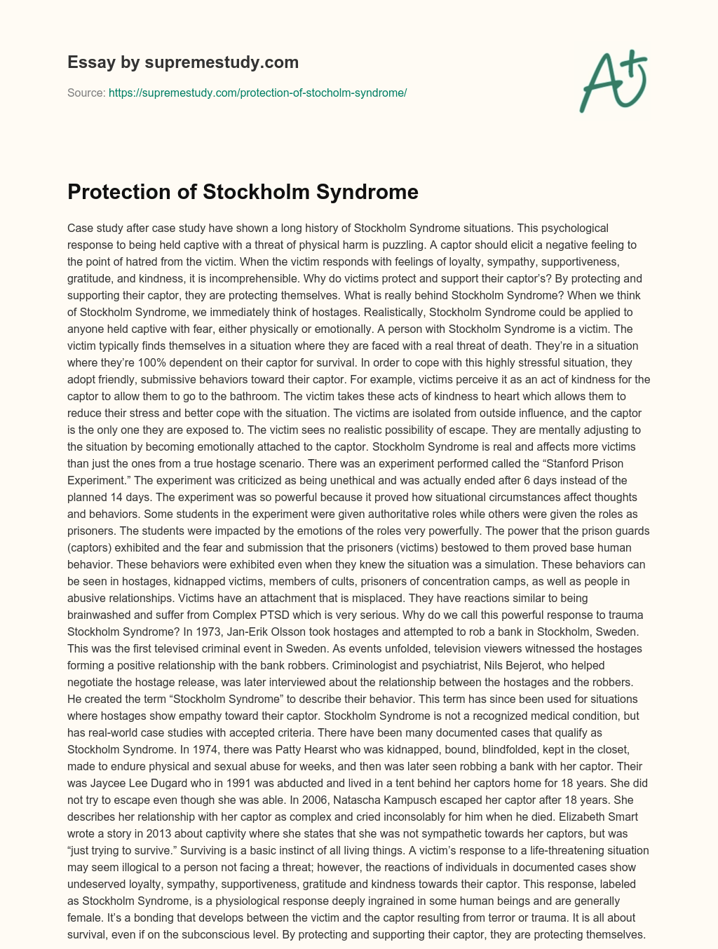 Protection of Stockholm Syndrome essay