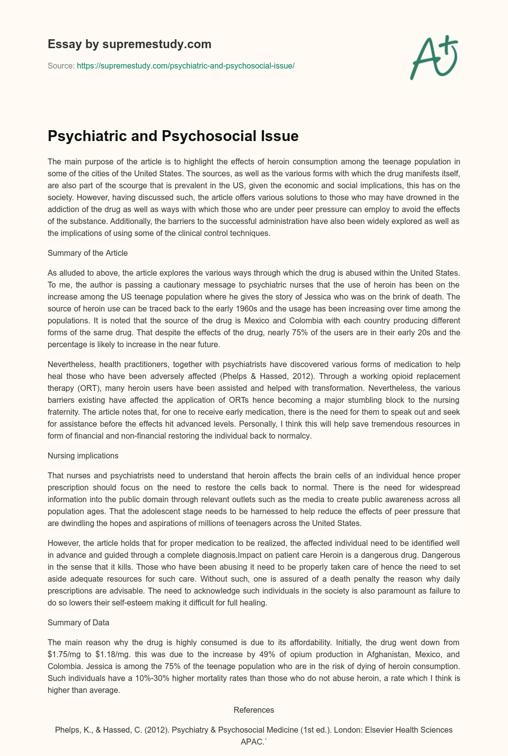Psychiatric and Psychosocial Issue essay