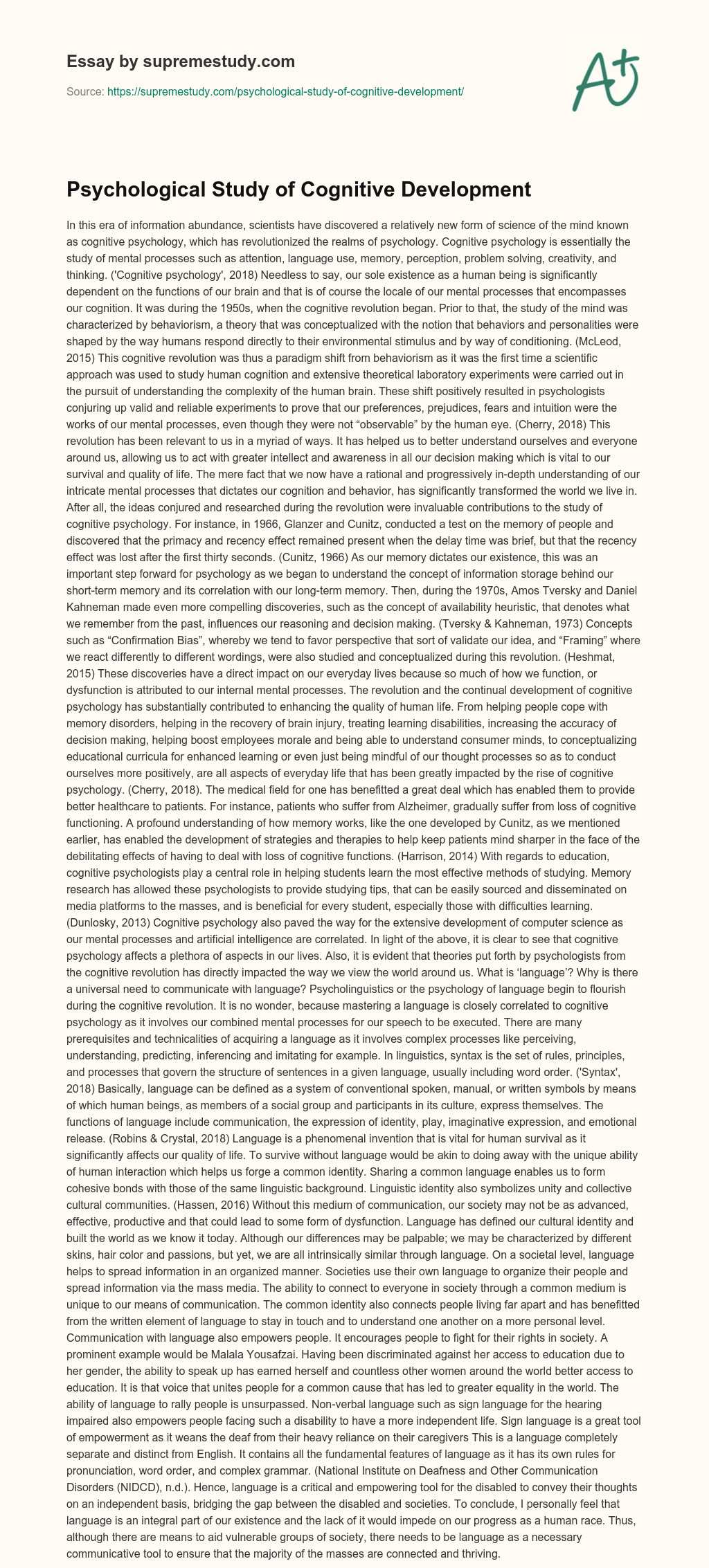 Psychological Study of Cognitive Development essay