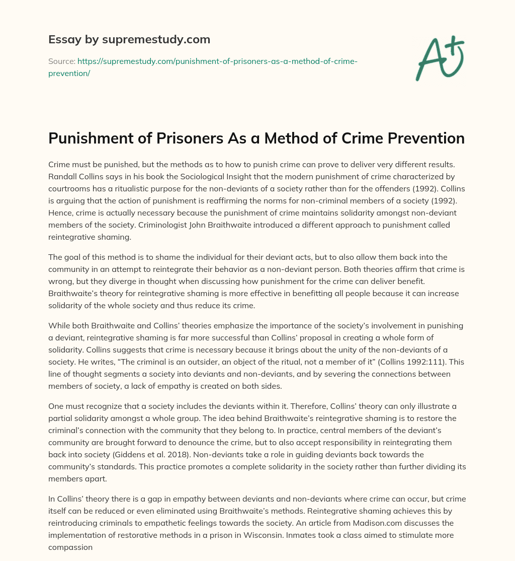Punishment of Prisoners As a Method of Crime Prevention essay