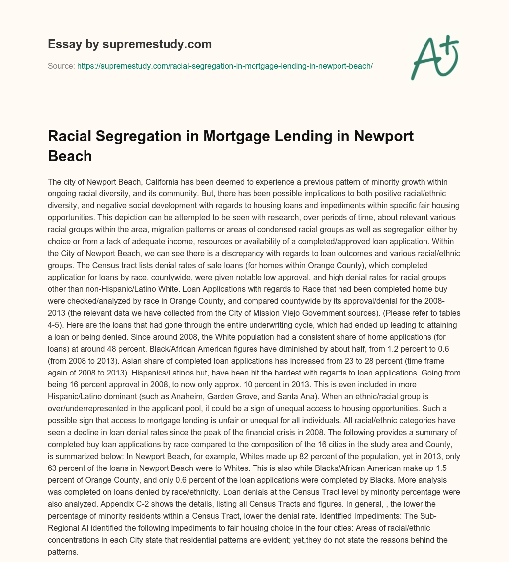 Racial Segregation in Mortgage Lending in Newport Beach essay