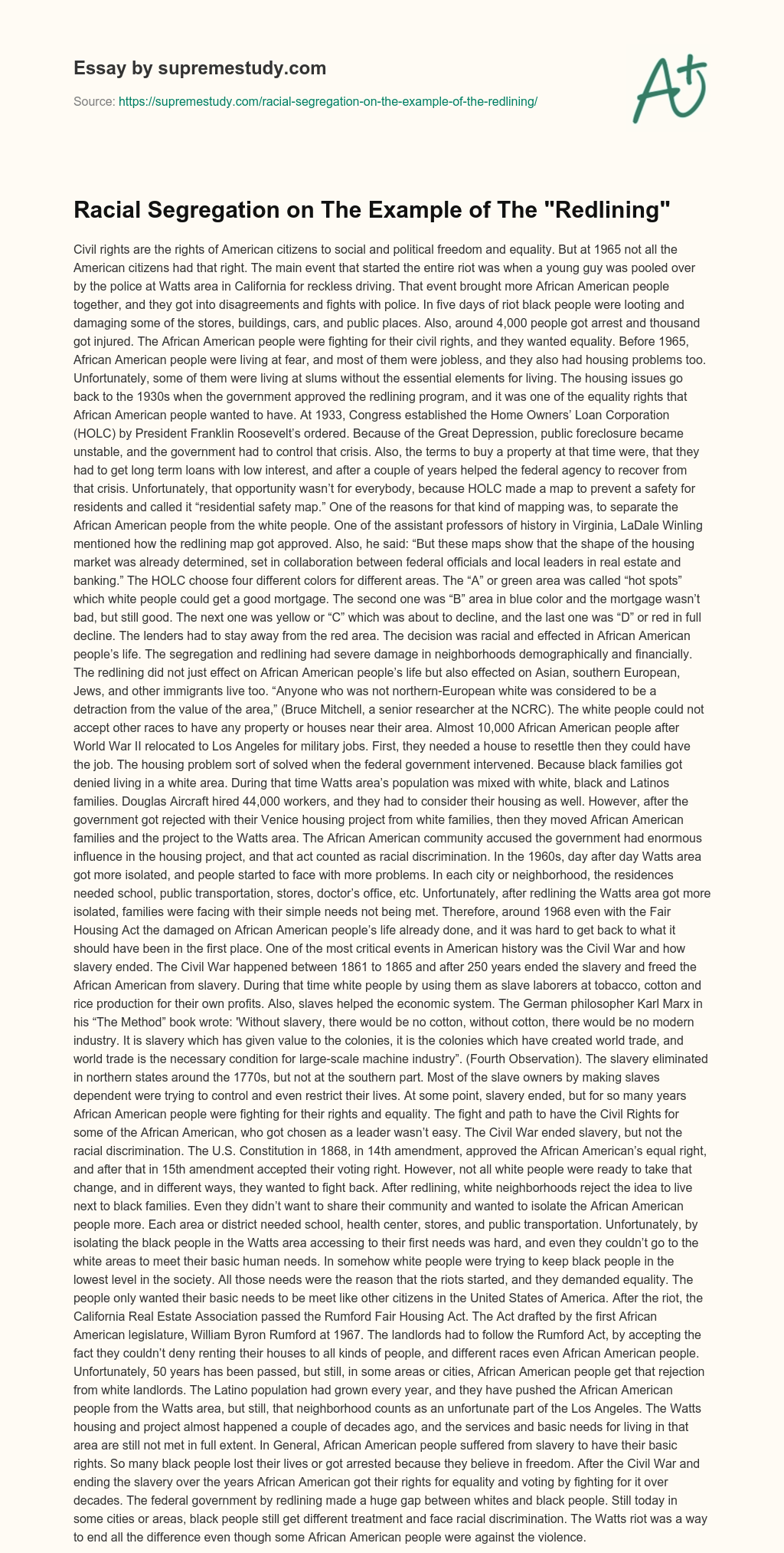 Racial Segregation on The Example of The “Redlining” essay