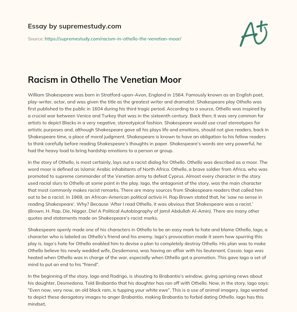 Racism in Othello The Venetian Moor essay