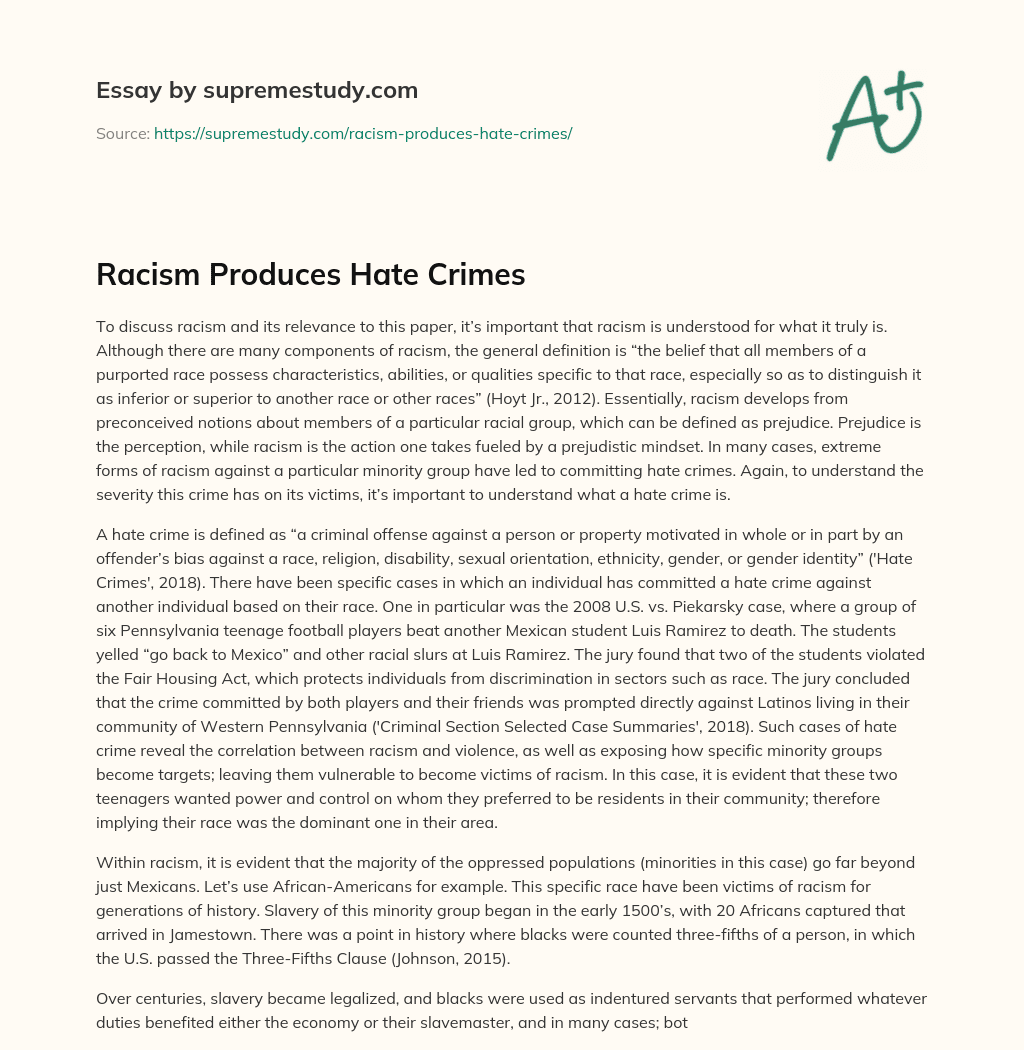 Racism Produces Hate Crimes essay