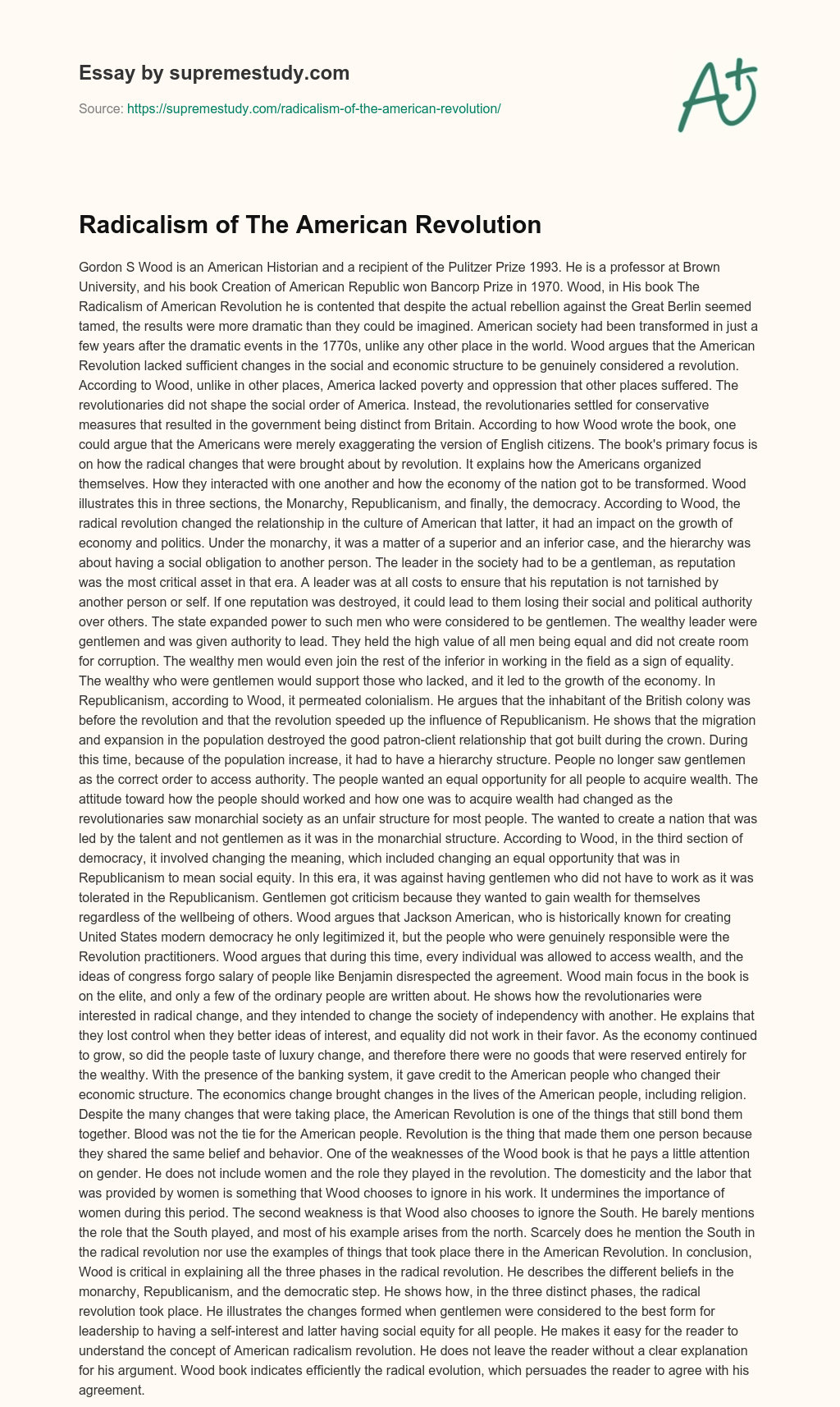 Radicalism of The American Revolution essay