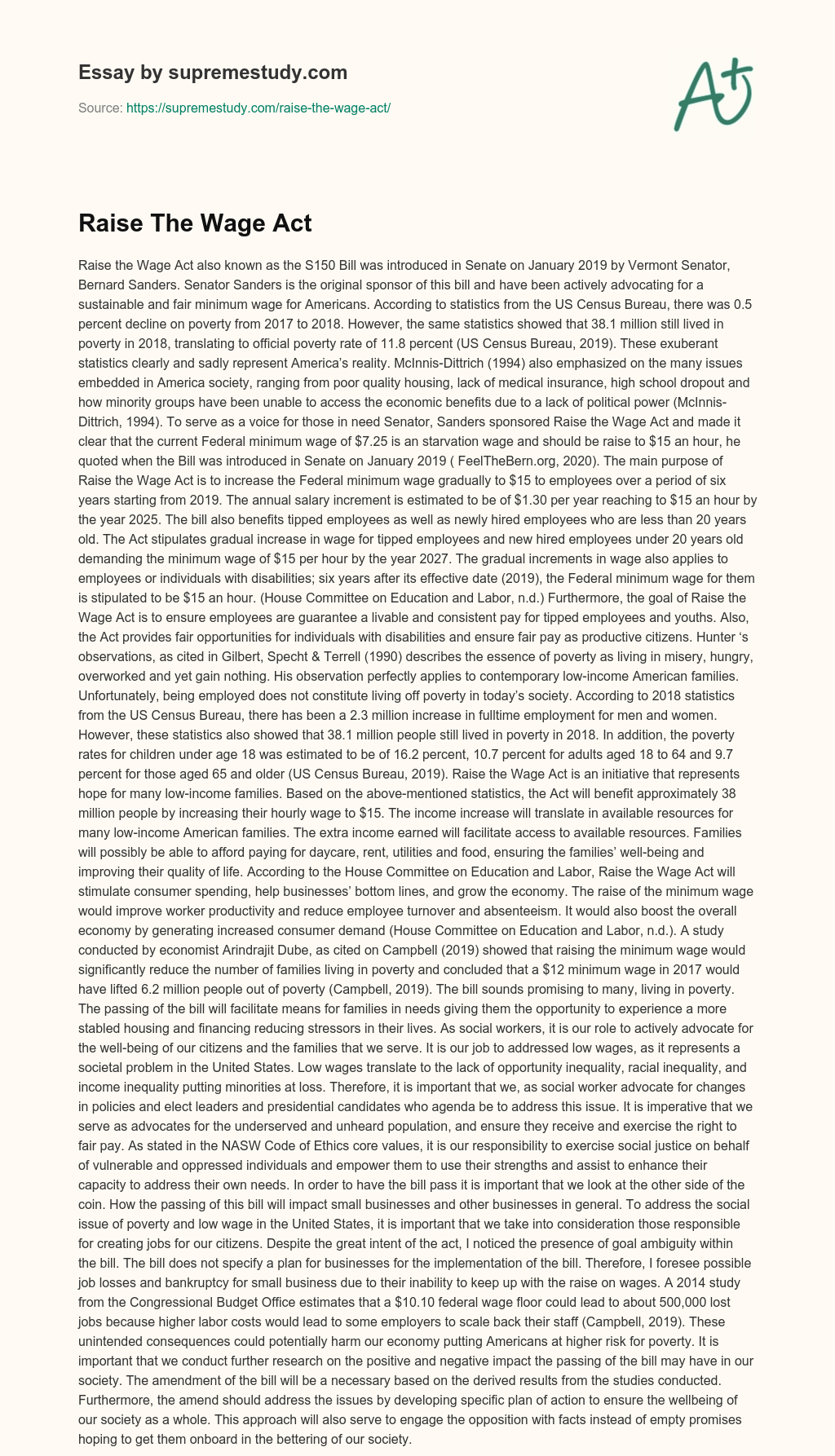 Raise The Wage Act essay