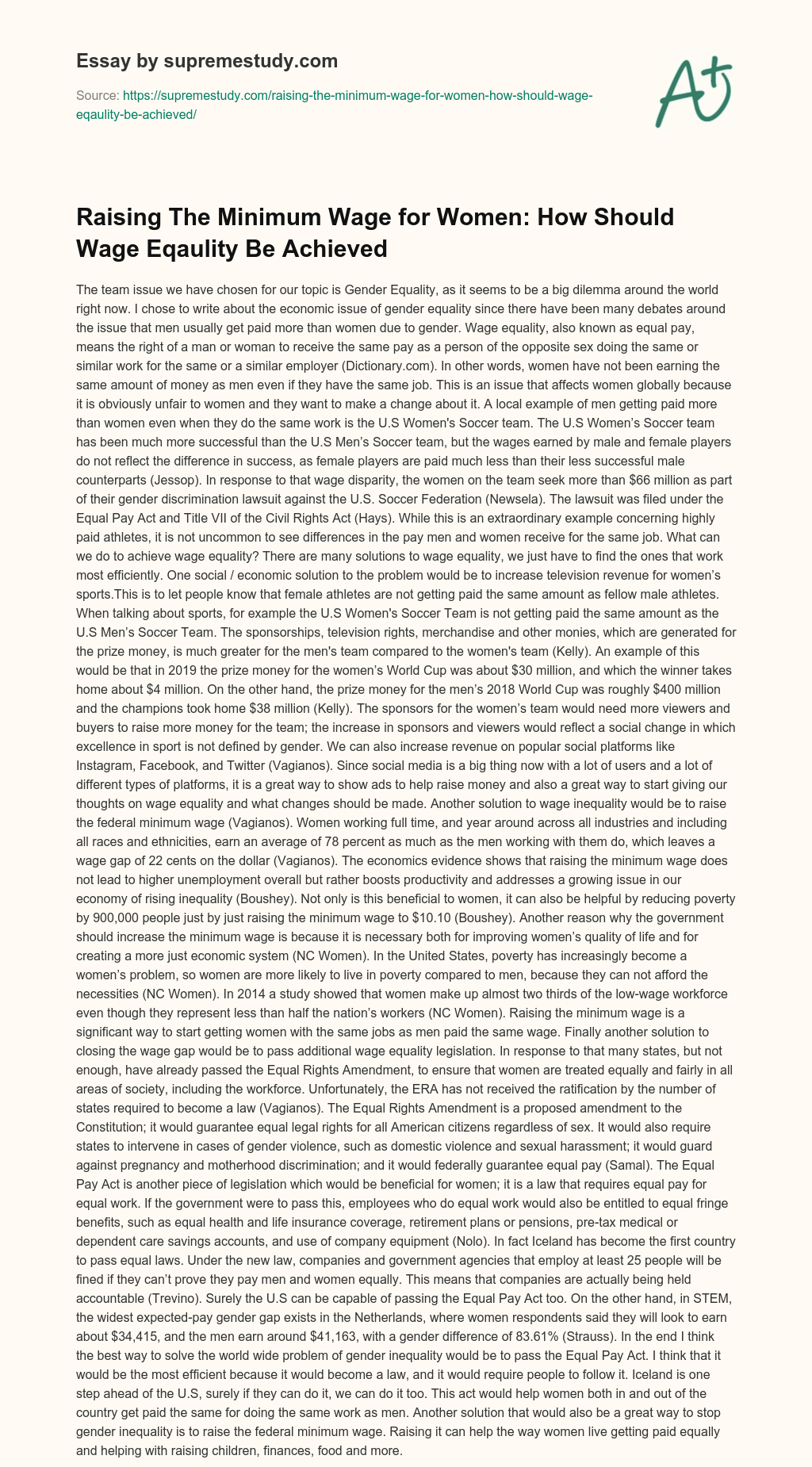 Raising The Minimum Wage for Women: How Should Wage Eqaulity Be Achieved essay