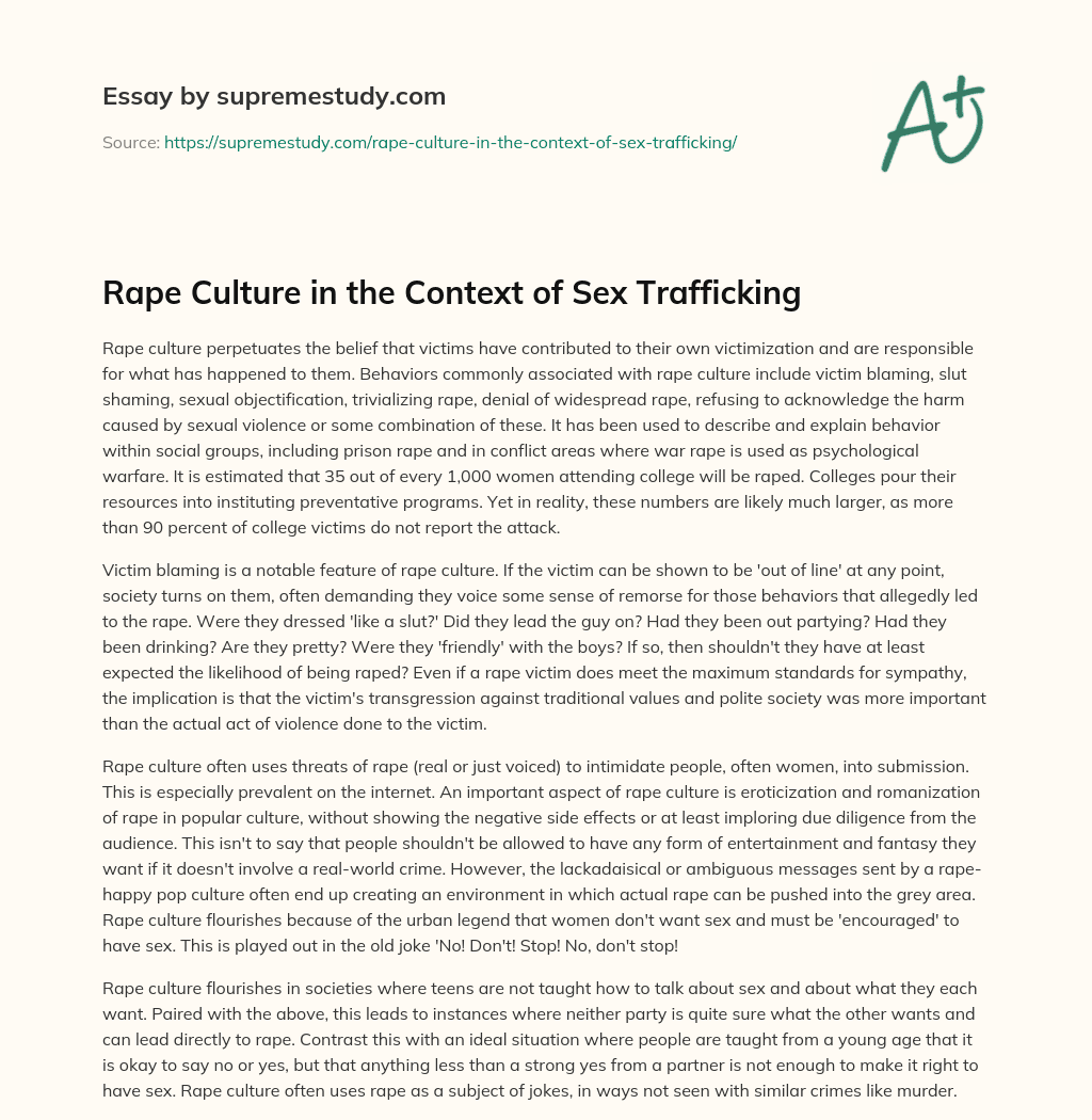 Rape Culture in the Context of Sex Trafficking essay