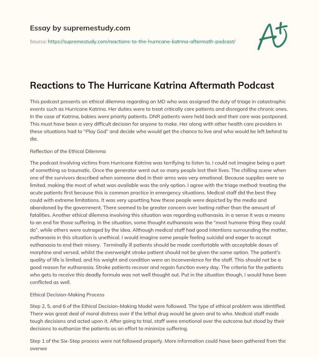 Reactions to The Hurricane Katrina Aftermath Podcast essay