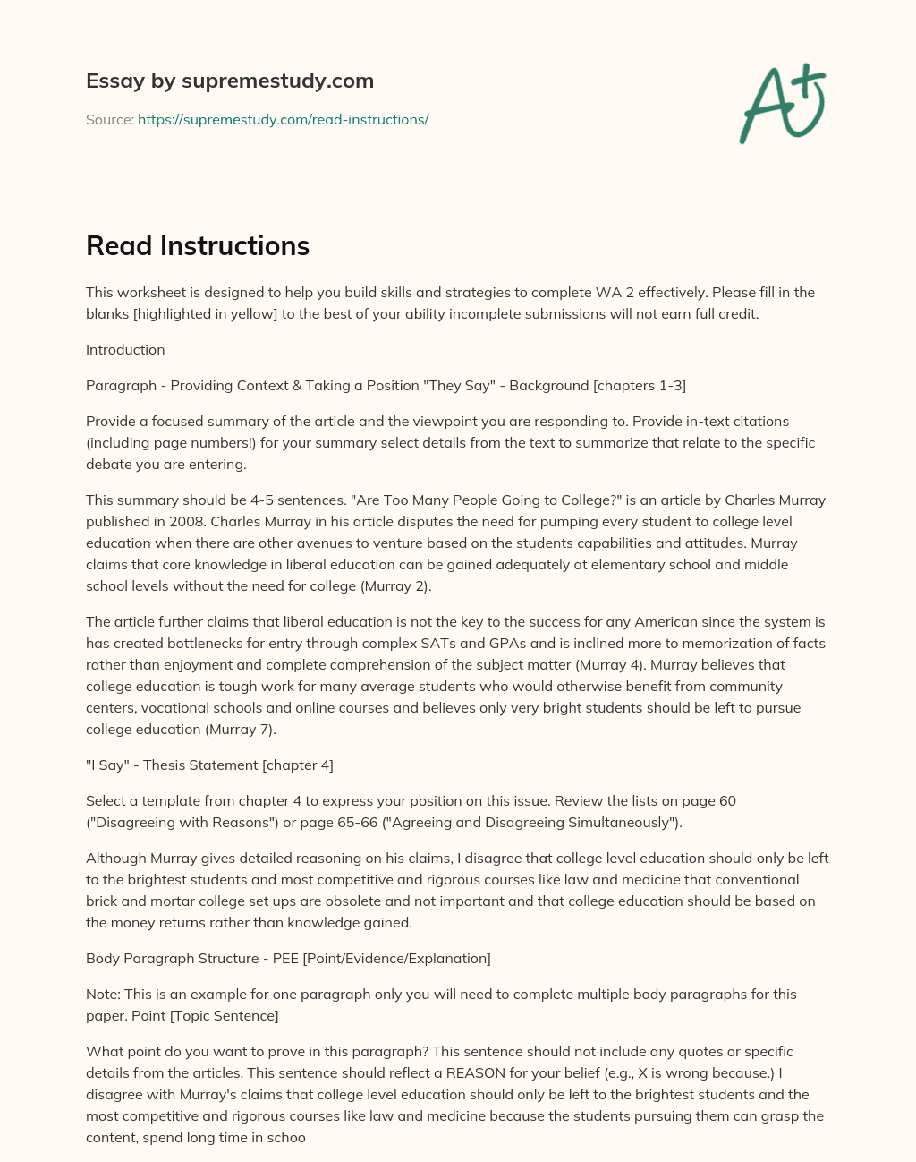 Read Instructions essay