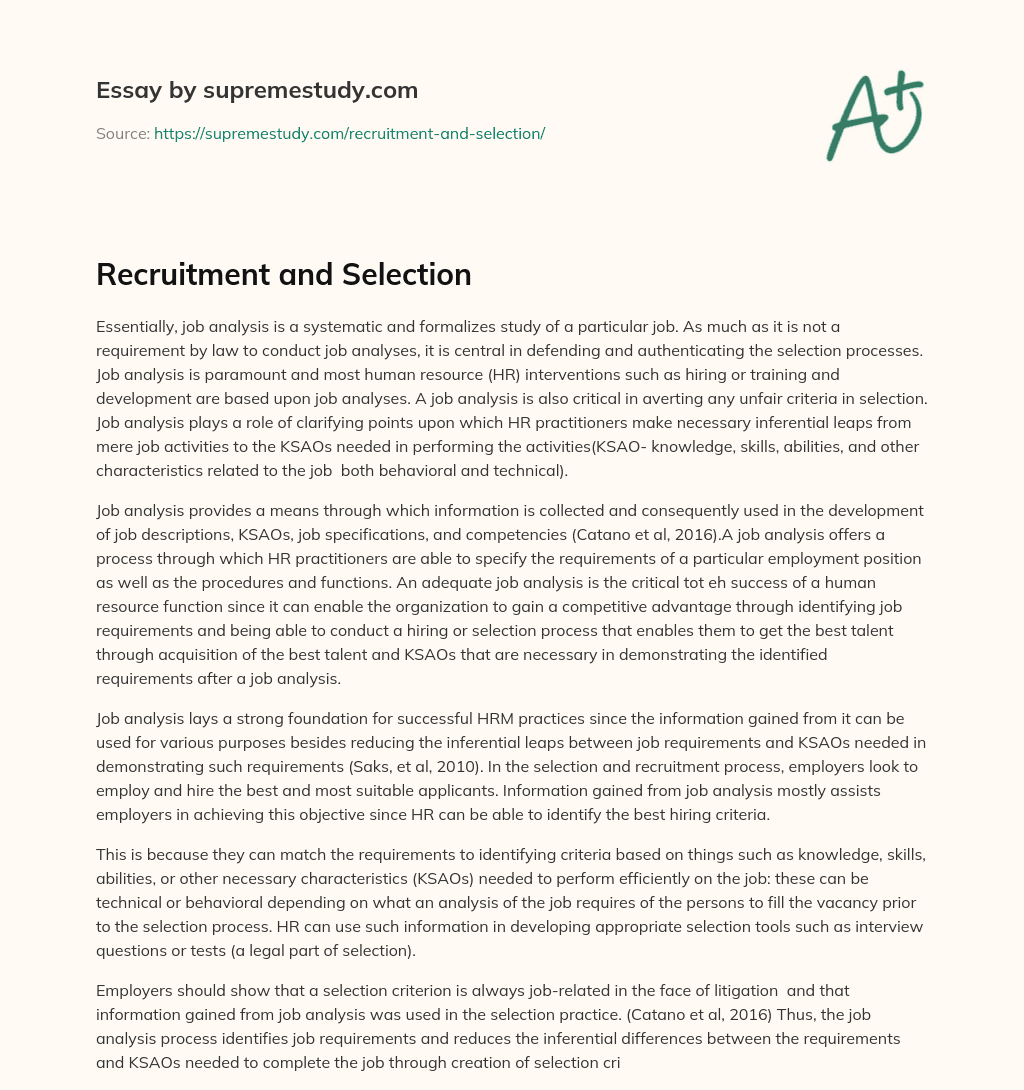 Recruitment and Selection essay