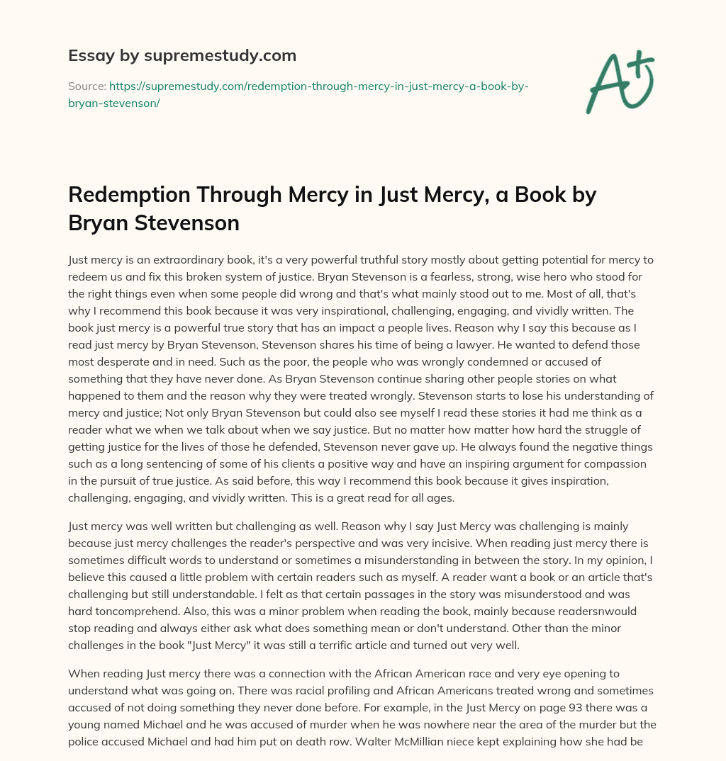 Redemption Through Mercy in Just Mercy, a Book by Bryan Stevenson essay