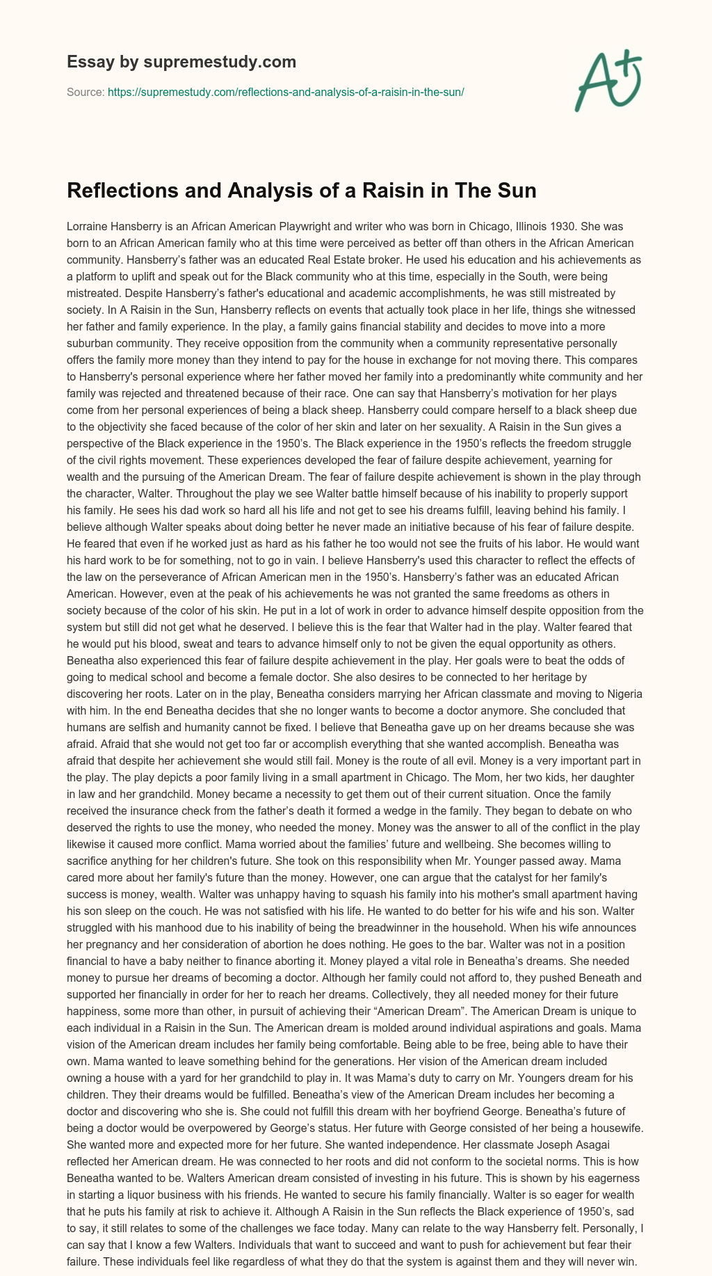 Reflections and Analysis of a Raisin in The Sun essay