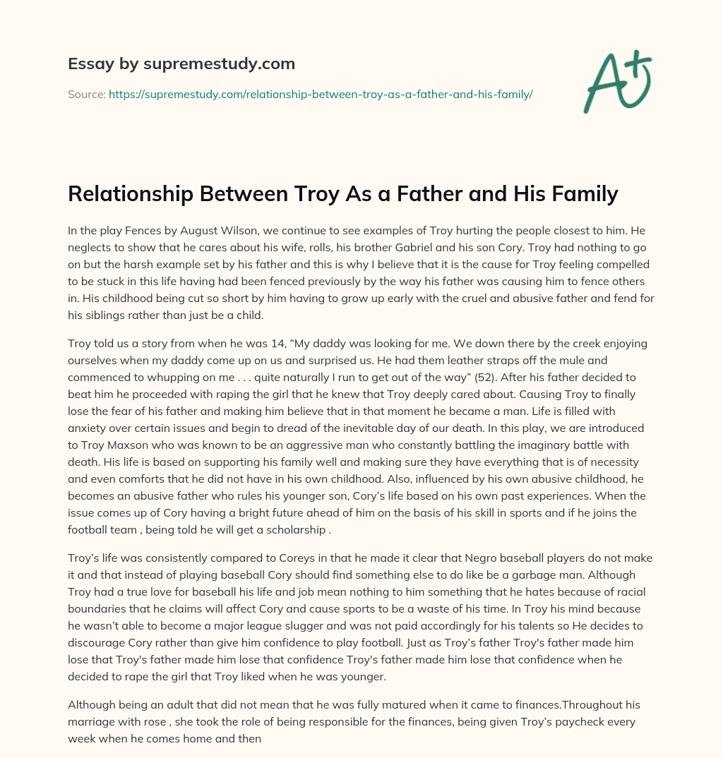 Relationship Between Troy As a Father and His Family essay
