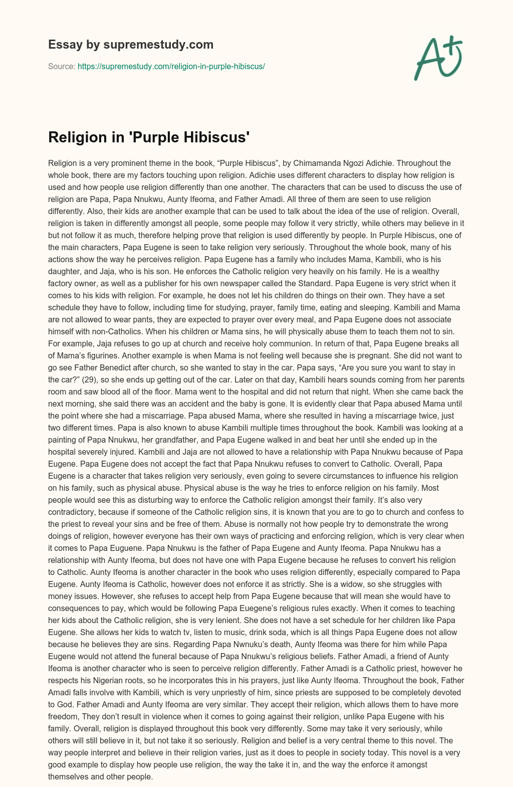 Religion in ‘Purple Hibiscus’ essay