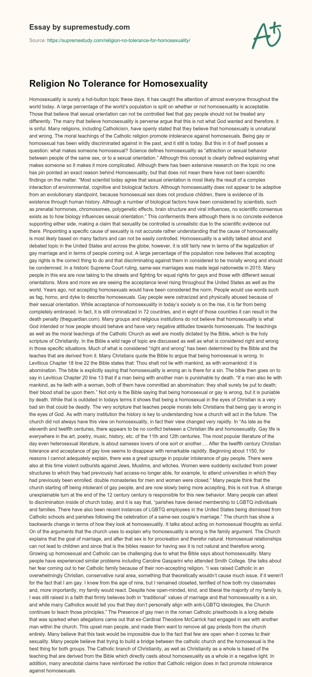 Religion No Tolerance for Homosexuality essay