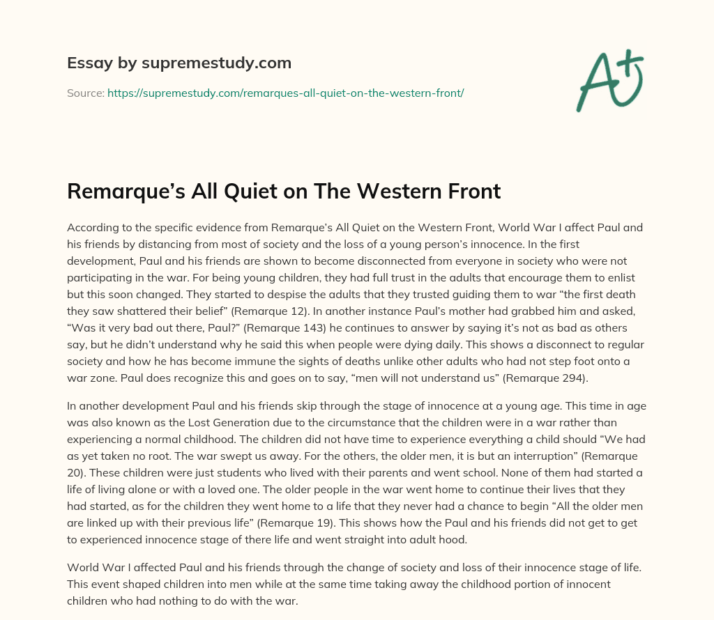 Remarque’s All Quiet on The Western Front essay