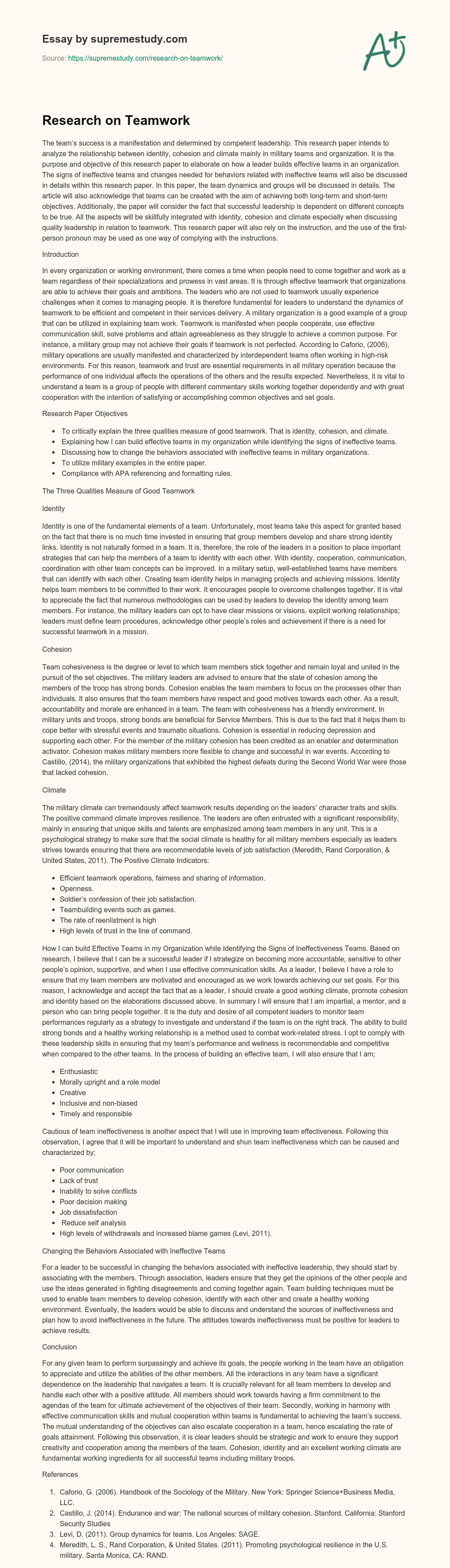 Research on Teamwork essay