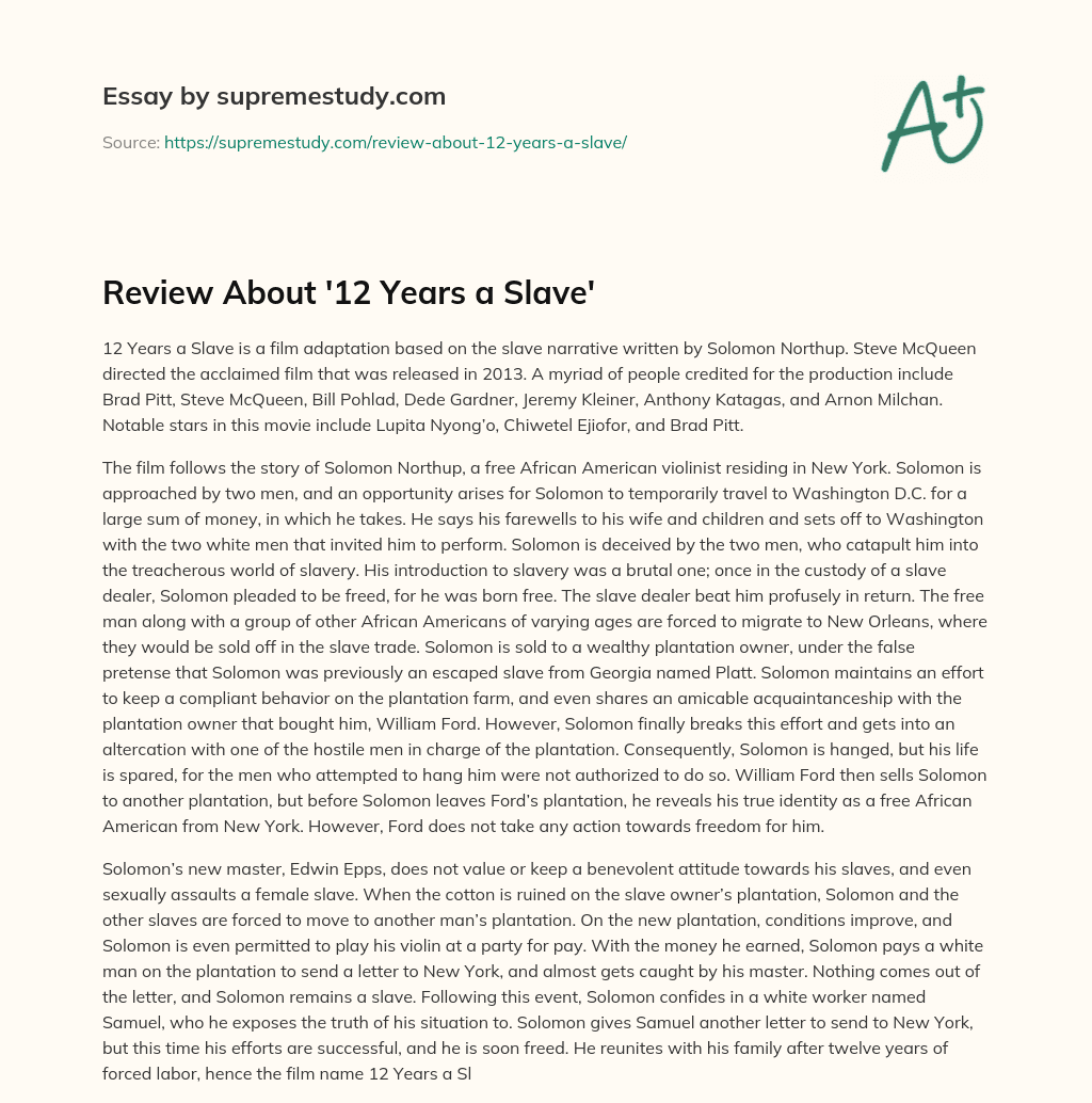 Review About ’12 Years a Slave’ essay