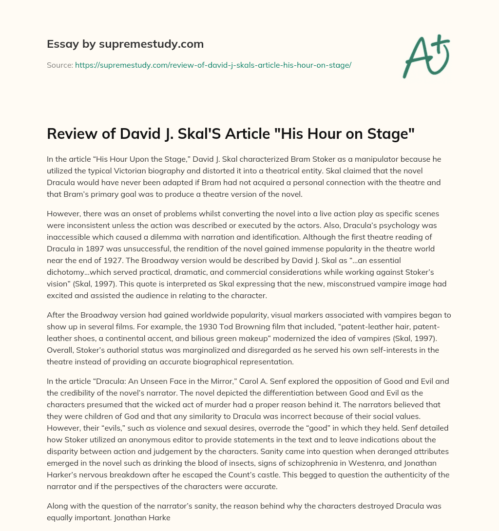 Review of David J. Skal’S Article “His Hour on Stage” essay