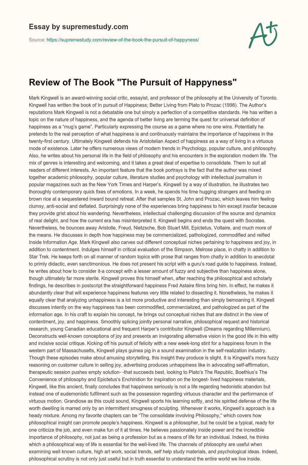 Review of The Book “The Pursuit of Happyness” essay