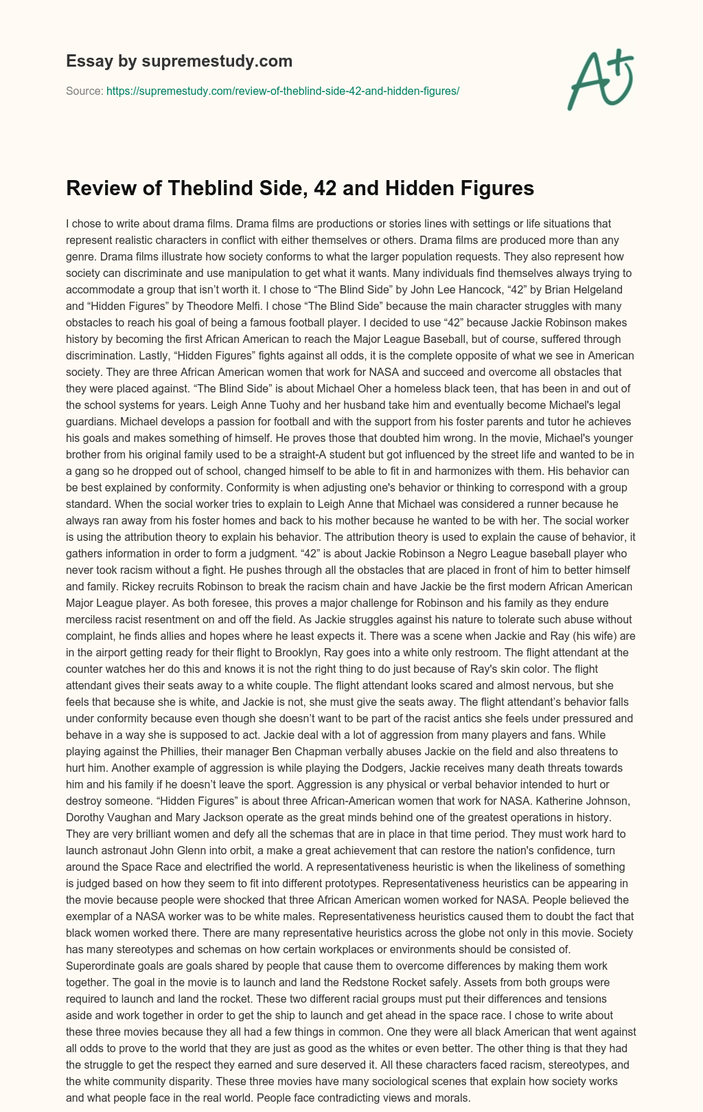 Review of Theblind Side, 42 and Hidden Figures essay