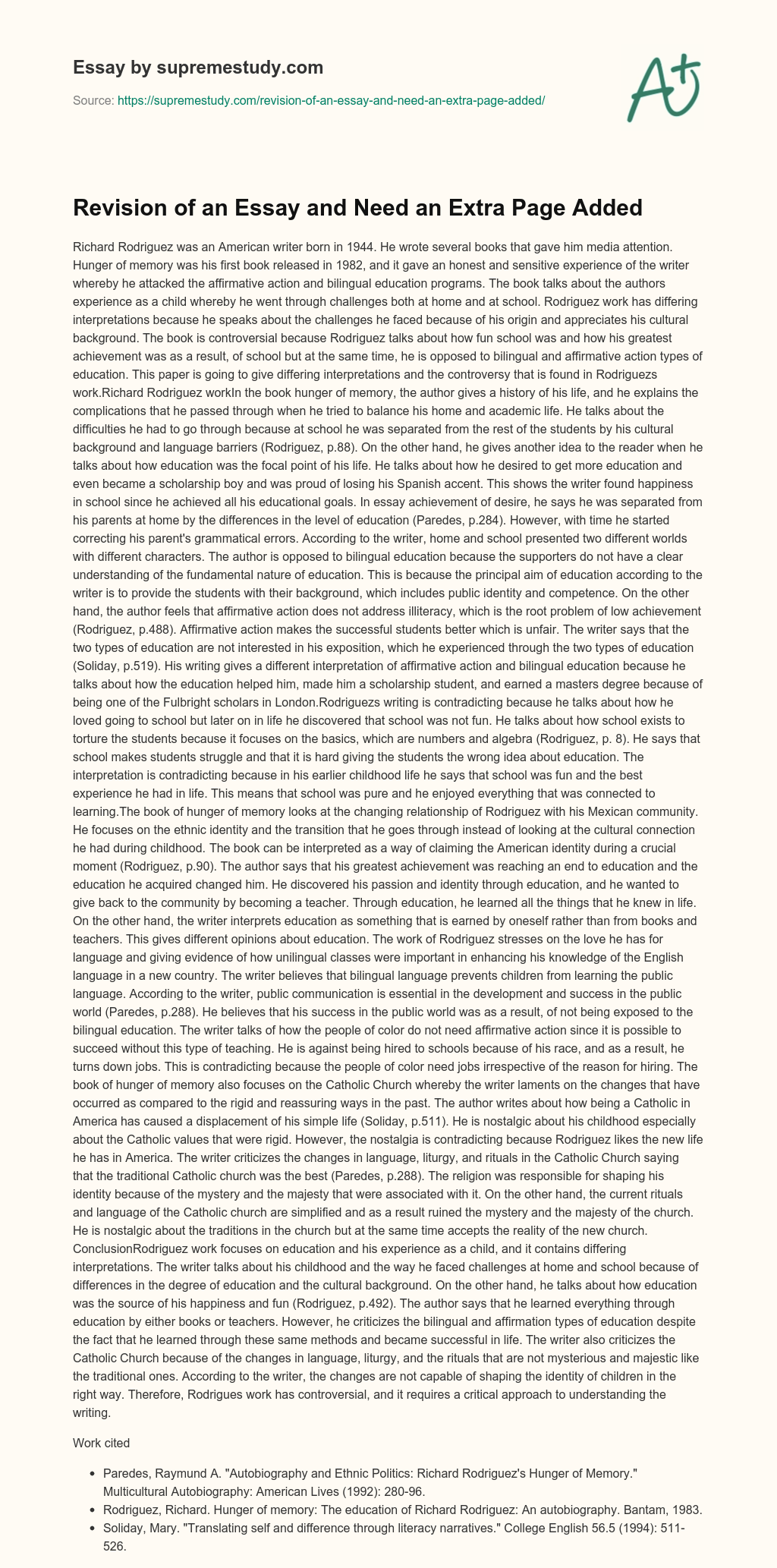 Revision of an Essay and Need an Extra Page Added essay