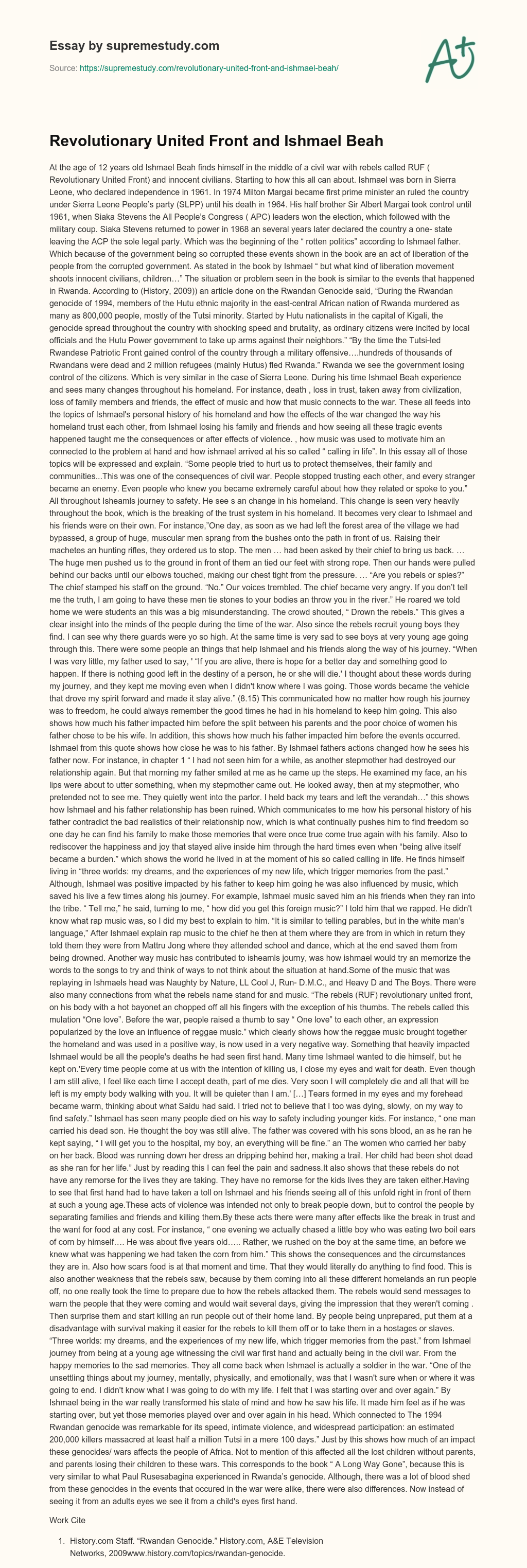 Revolutionary United Front and Ishmael Beah essay