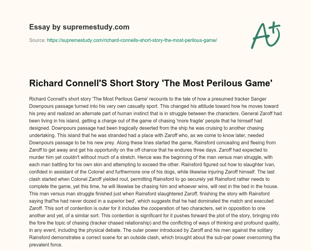 Richard Connell’S Short Story ‘The Most Perilous Game’ essay