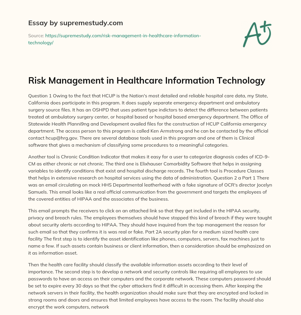 Risk Management in Healthcare Information Technology essay