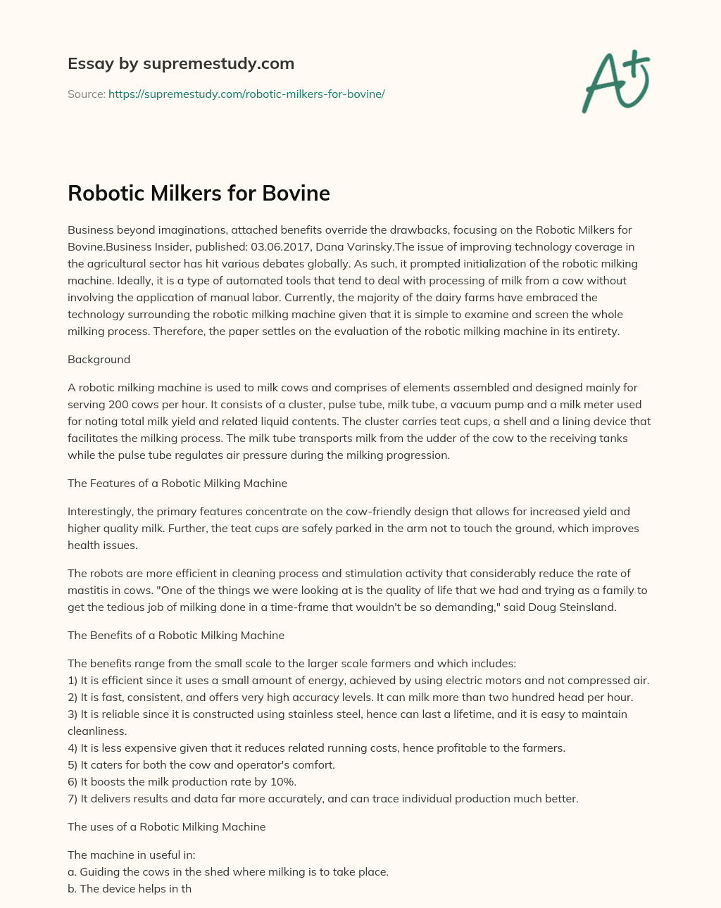 Robotic Milkers for Bovine essay