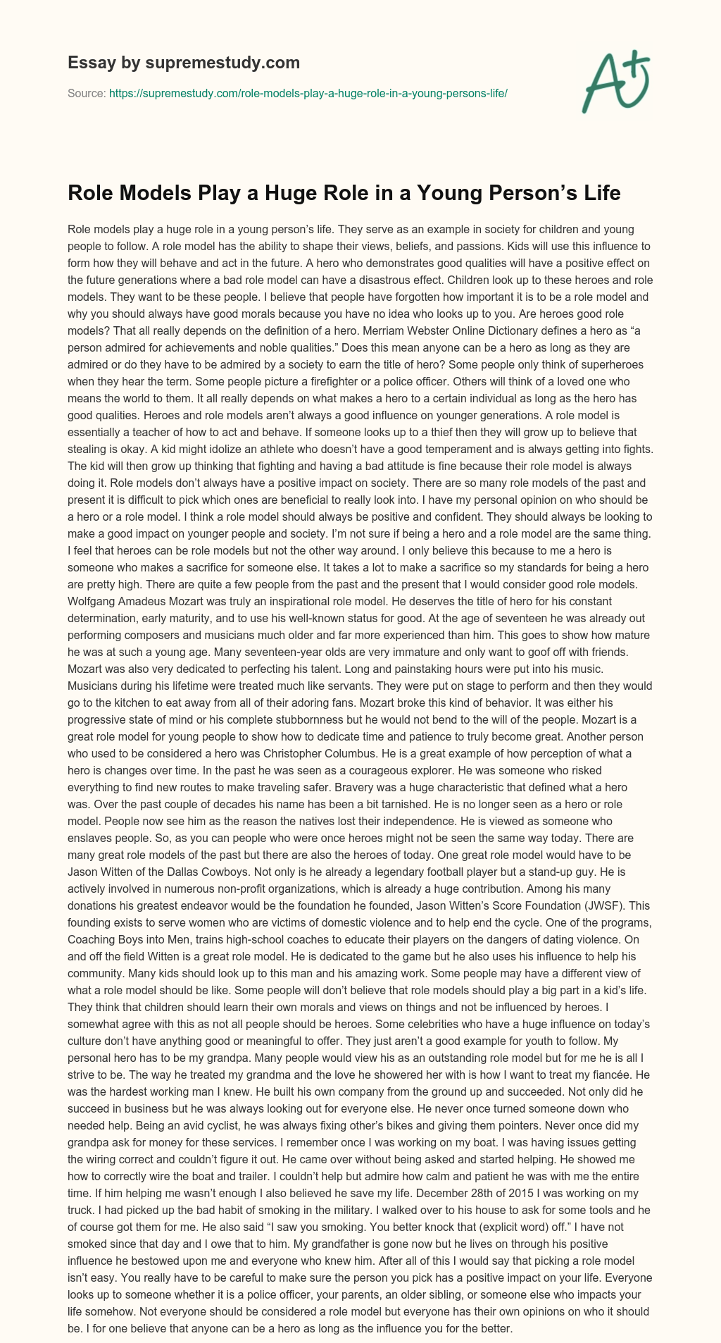 Role Models Play a Huge Role in a Young Person’s Life essay