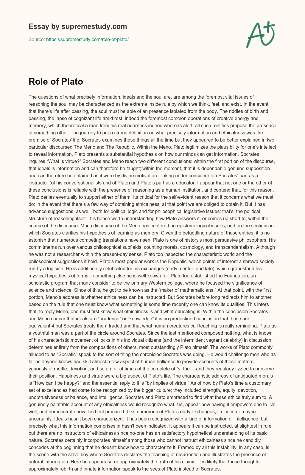 Role of Plato essay