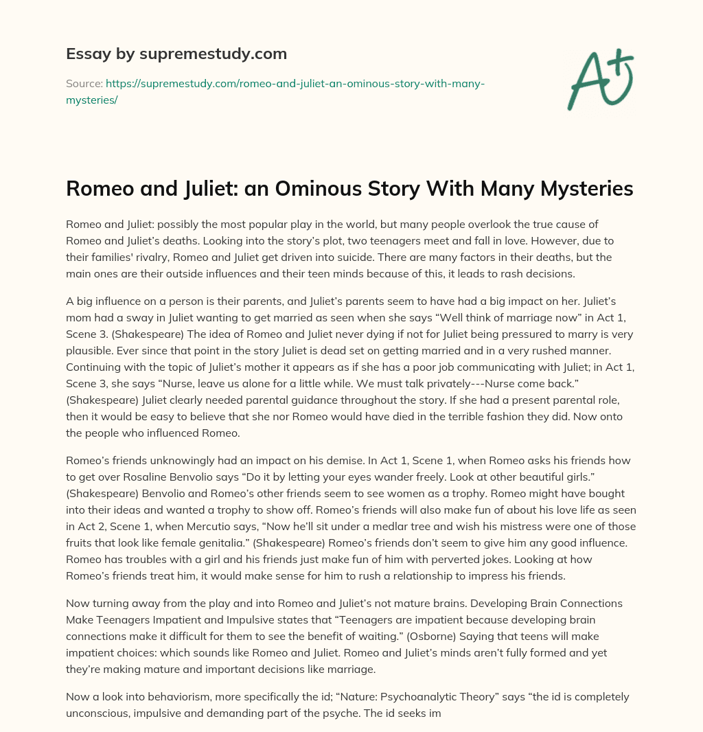 Romeo and Juliet: an Ominous Story With Many Mysteries essay