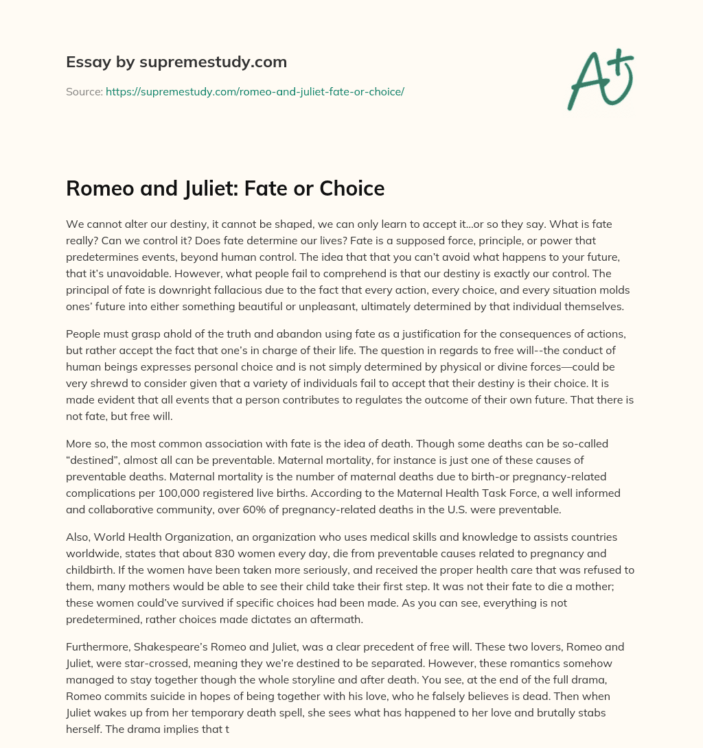 Romeo and Juliet: Fate or Choice essay