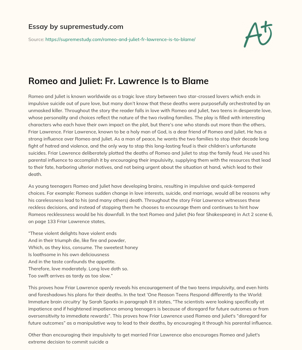 Romeo and Juliet: Fr. Lawrence Is to Blame essay