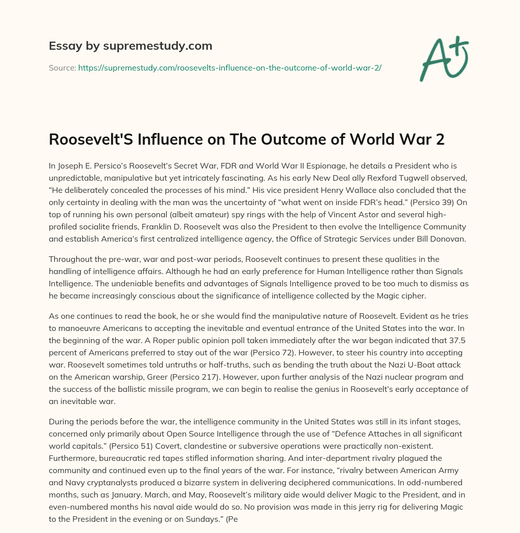 Roosevelt’S Influence on The Outcome of World War 2 essay