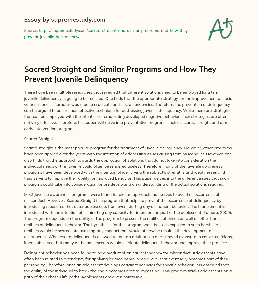 Sacred Straight and Similar Programs and How They Prevent Juvenile Delinquency  essay