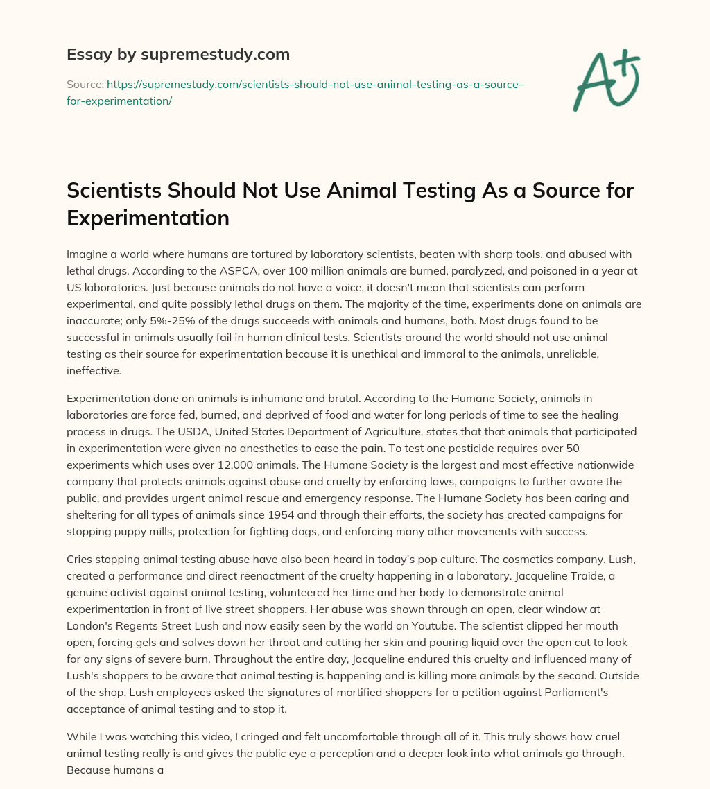 Scientists Should Not Use Animal Testing As a Source for Experimentation essay