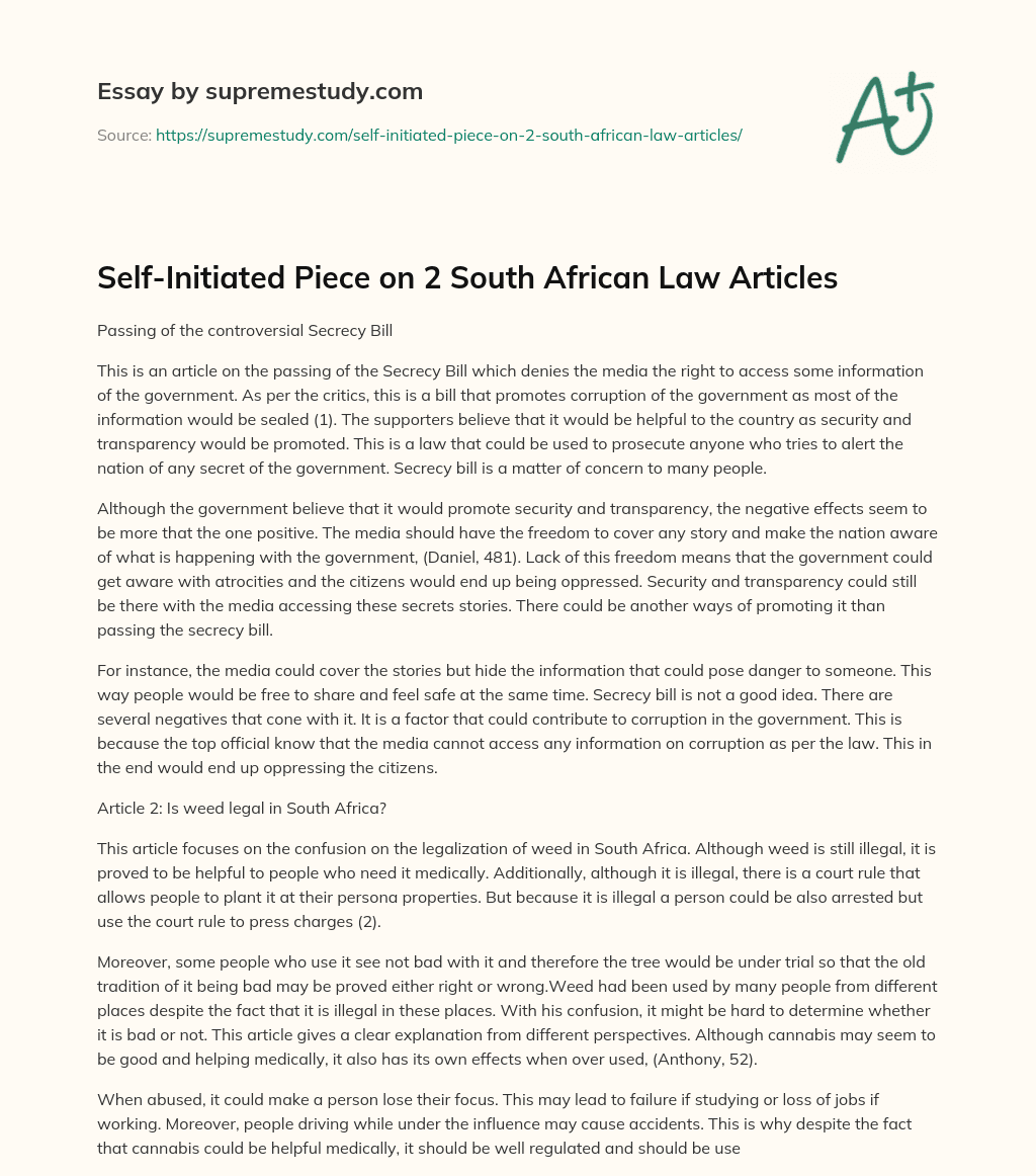 Self-Initiated Piece on 2 South African Law Articles essay