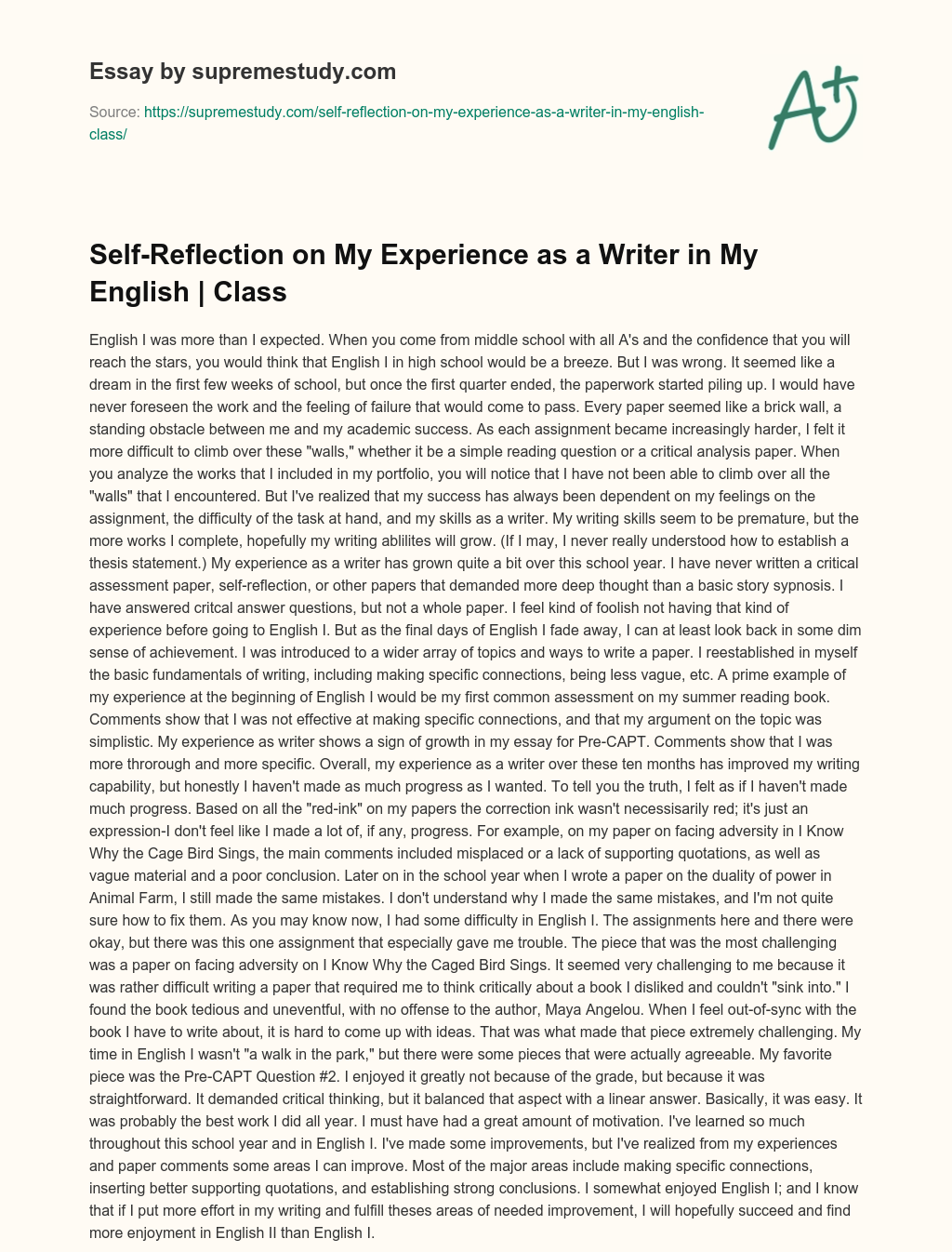 Self-Reflection on My Experience as a Writer in My English | Class essay